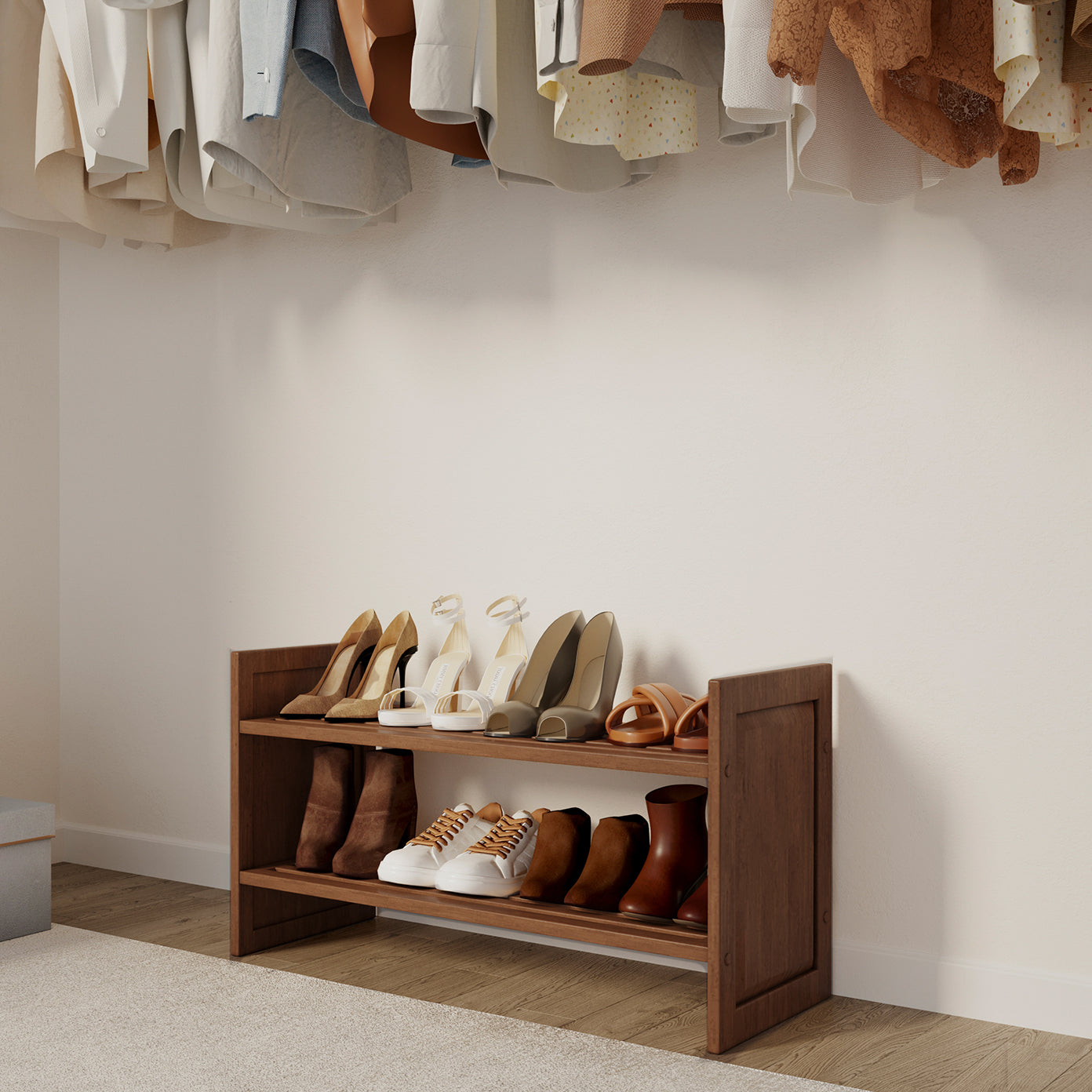 chestnut shoe organizer used in closet