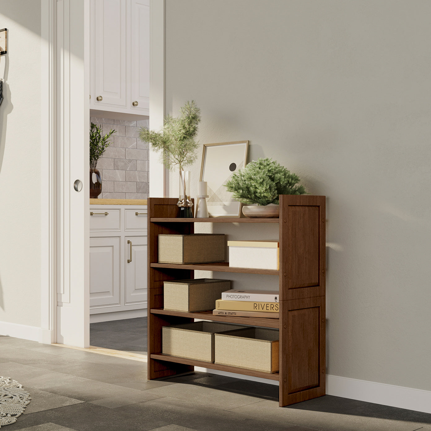 chestnut 2 tiered shelving rack organizing books with fabric bins in hallway