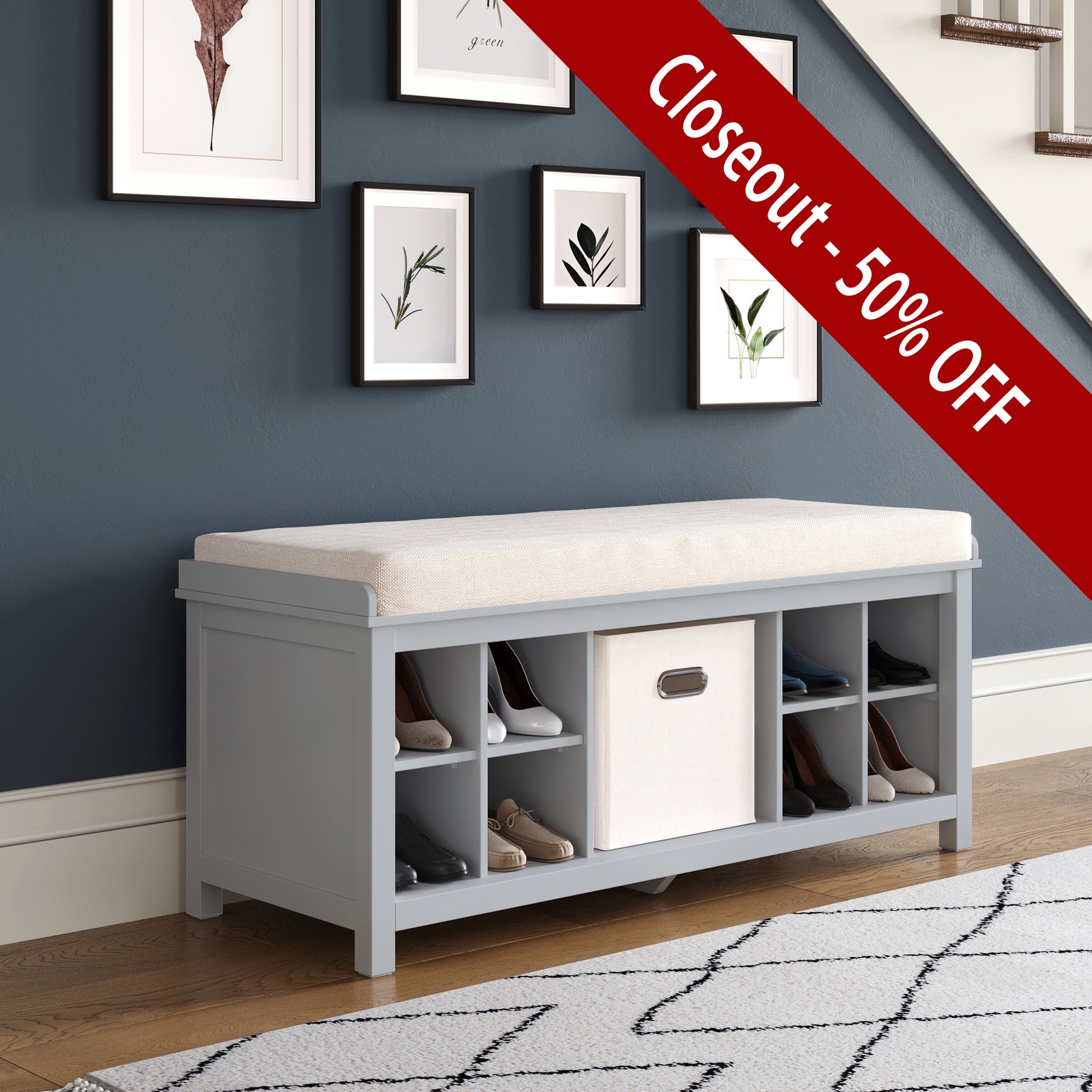 grey entryway storage bench with one bin placed in foyer