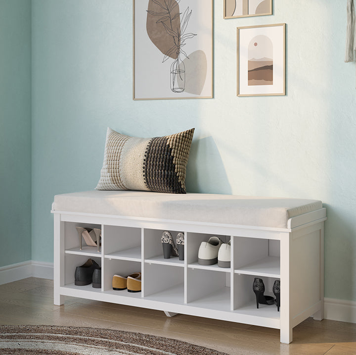 white shoe storage bench in back door entryway