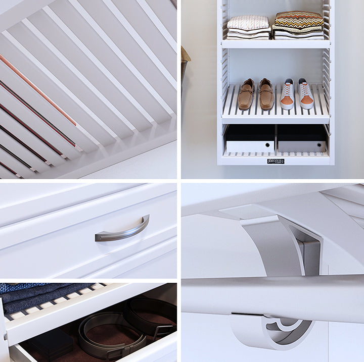Closeup image of 4 highlighted features of the John Louis Home closet organizer