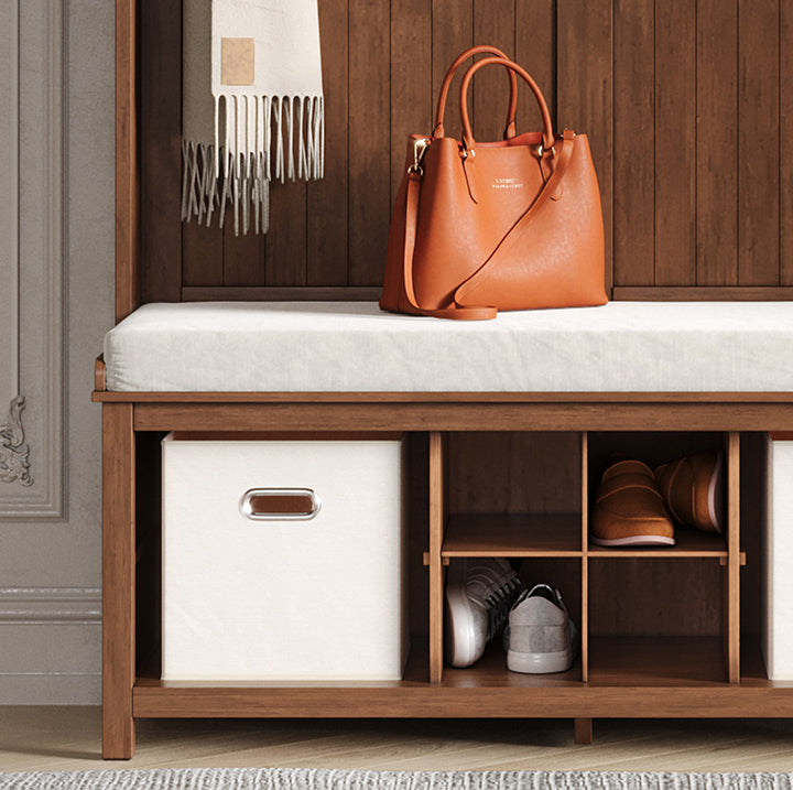 closeup image of the shoe and cubby bench storage of a John Louis Home hall tree