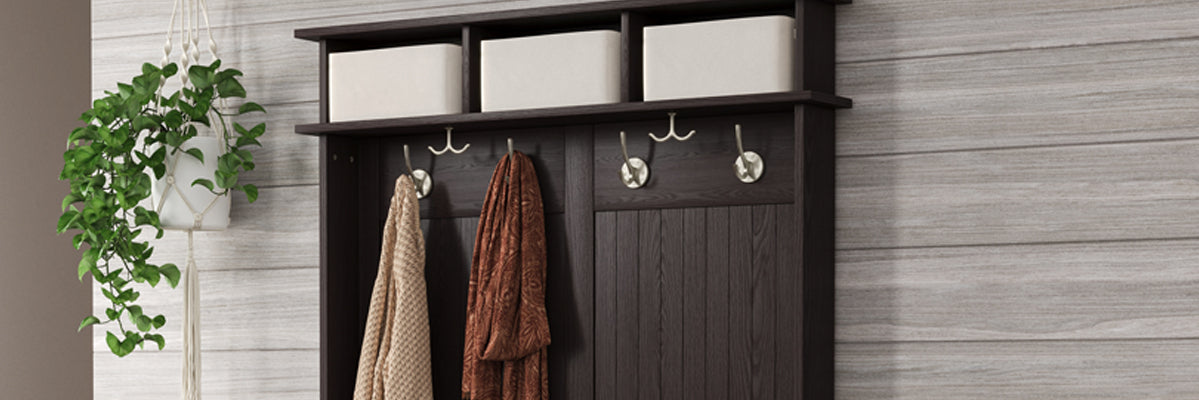 closeup image featuring the top coat and hat hooks with storage cubbies on an espresso John Louis Home hall tree