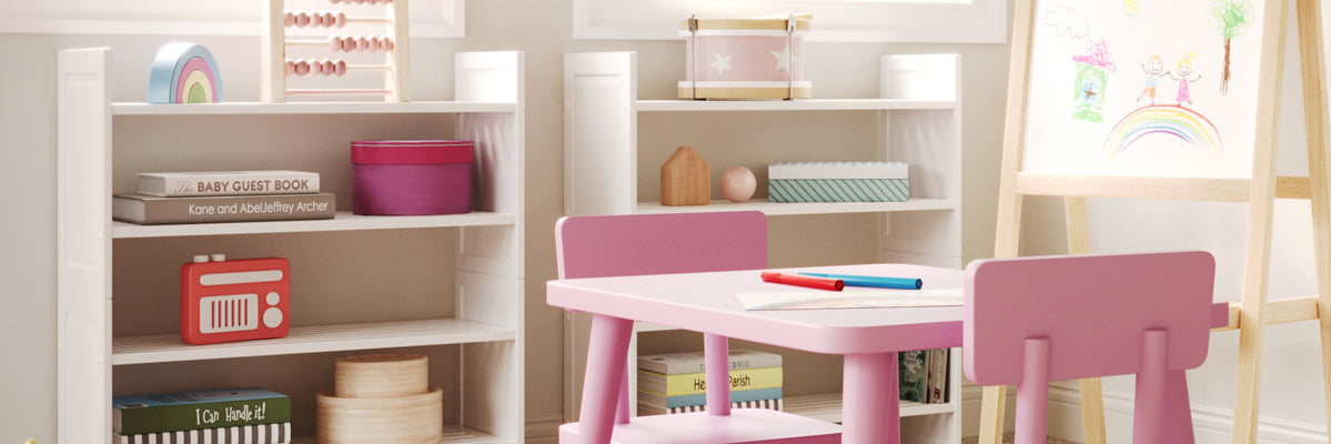 John Louis Home stackable shoe and shelving racks used to organize toys in a playroom